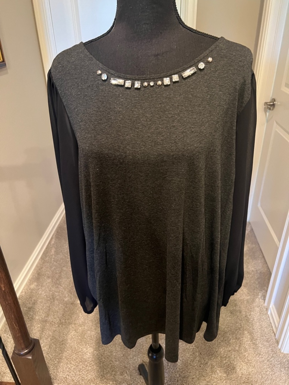 Vince Camuto Charcoal & Black Jeweled Scoop-Neck Blouse